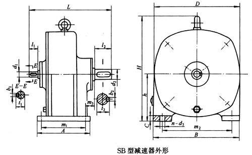 SB系列雙擺線針輪減速機外形及安裝尺寸、針齒中心圓直徑及傳動比