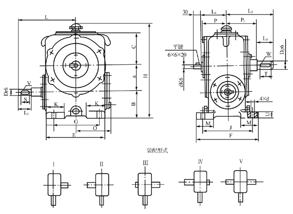 圓柱蝸杆減速器的外形、安裝尺寸及裝配形式
